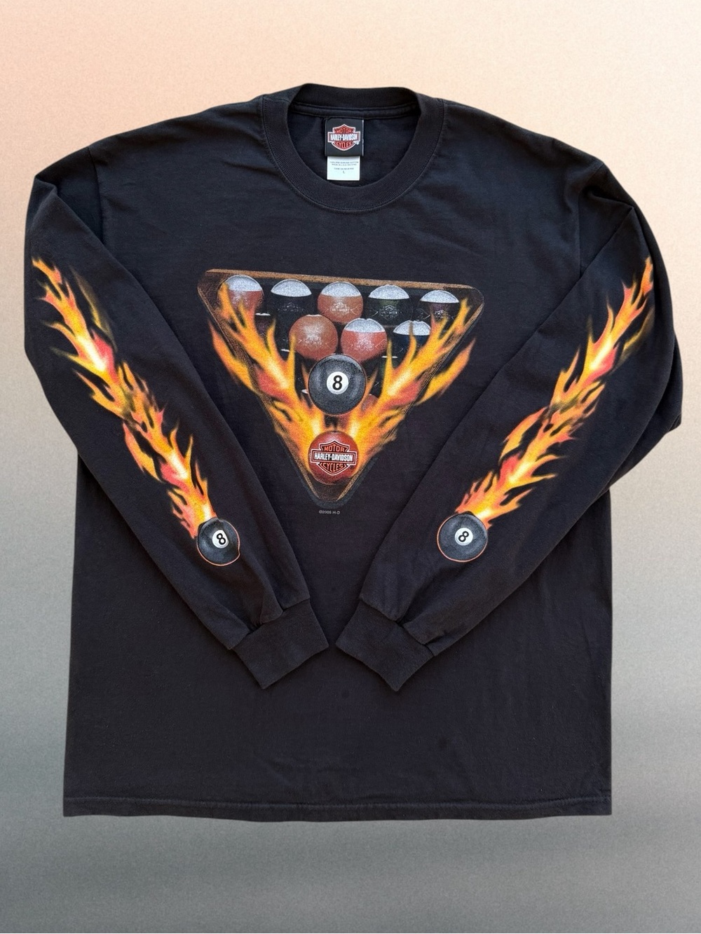 Harley-Davidson Flaming 8-Ball & Billiard Rack Black Long-Sleeve T-Shirt, L